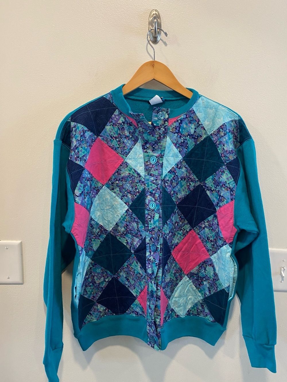 Vintage Ultra Fleece Patchwork Quilted full Button Sweatshirt women’s size large
